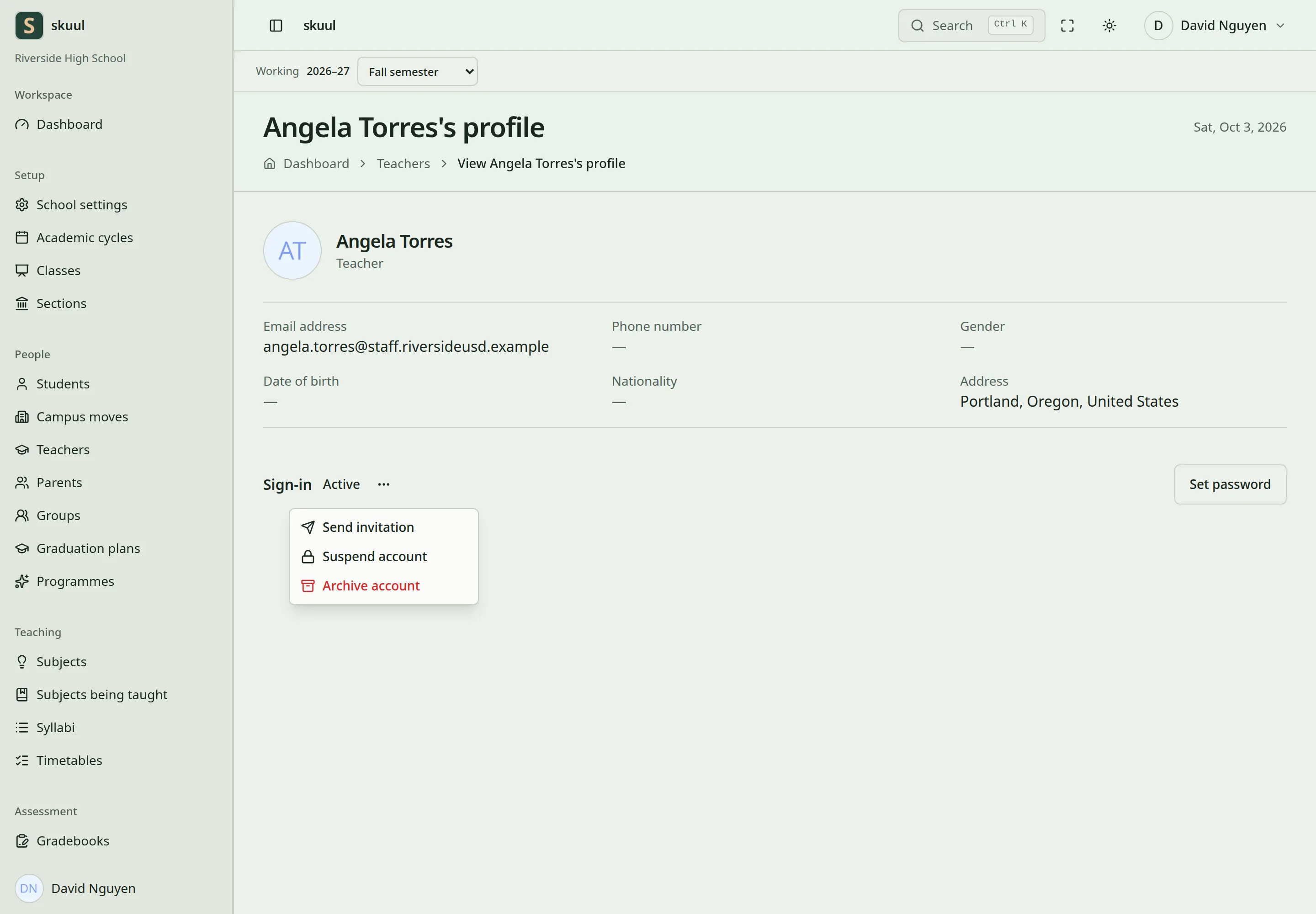 The Sign-in section of a teacher's profile, with the account menu open on Send invitation, Suspend account, and Archive account.