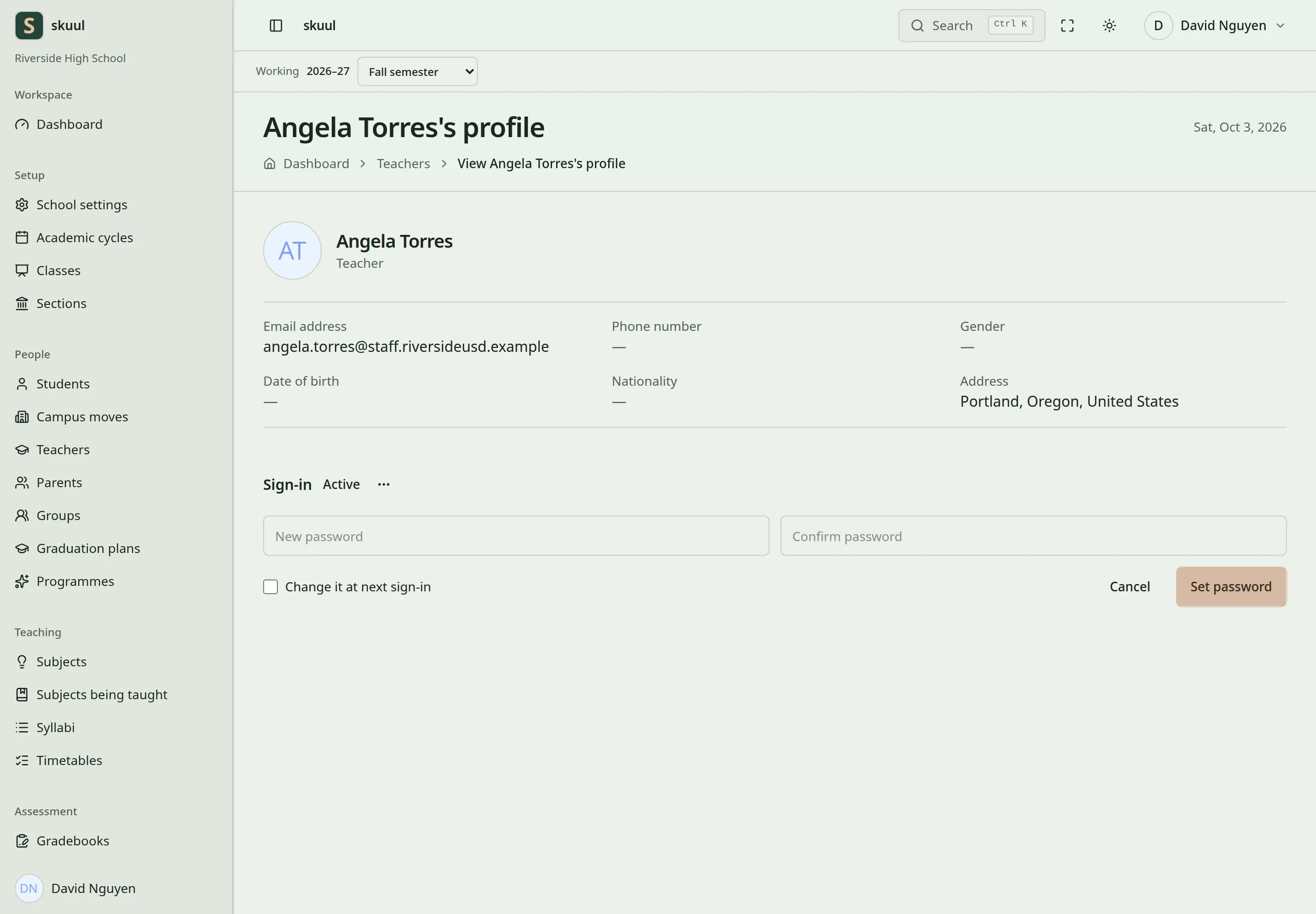 The Set password form shows New password, Confirm password, and the Change it at next sign-in checkbox.