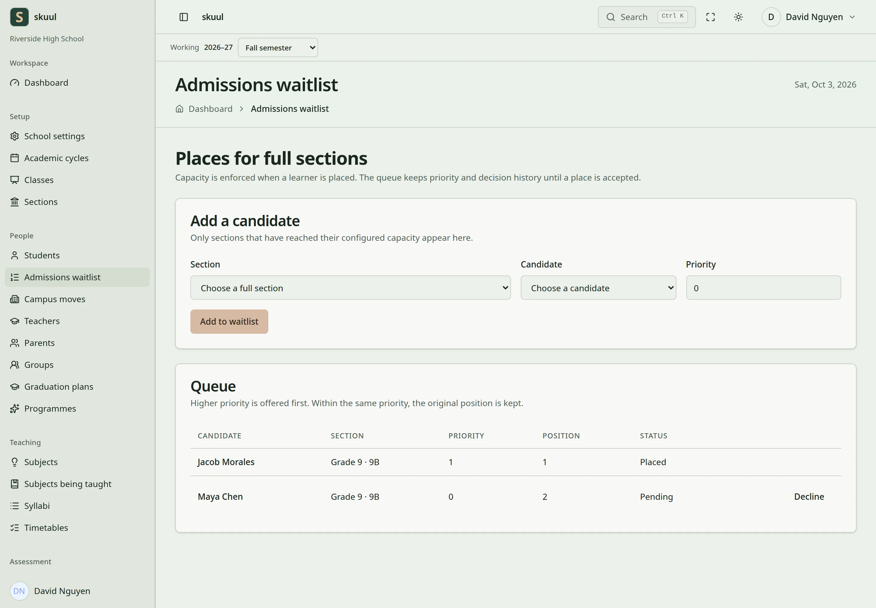 The waitlist board has the Add a candidate form above the queue. One candidate is placed, and one candidate is still pending with only a Decline button.