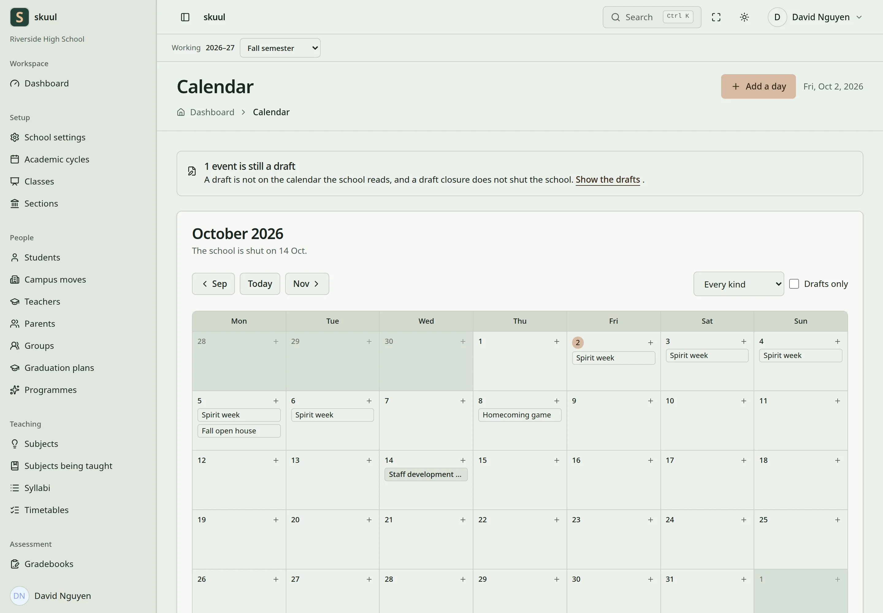 The October calendar shows school events and a staff development day when the school is shut.