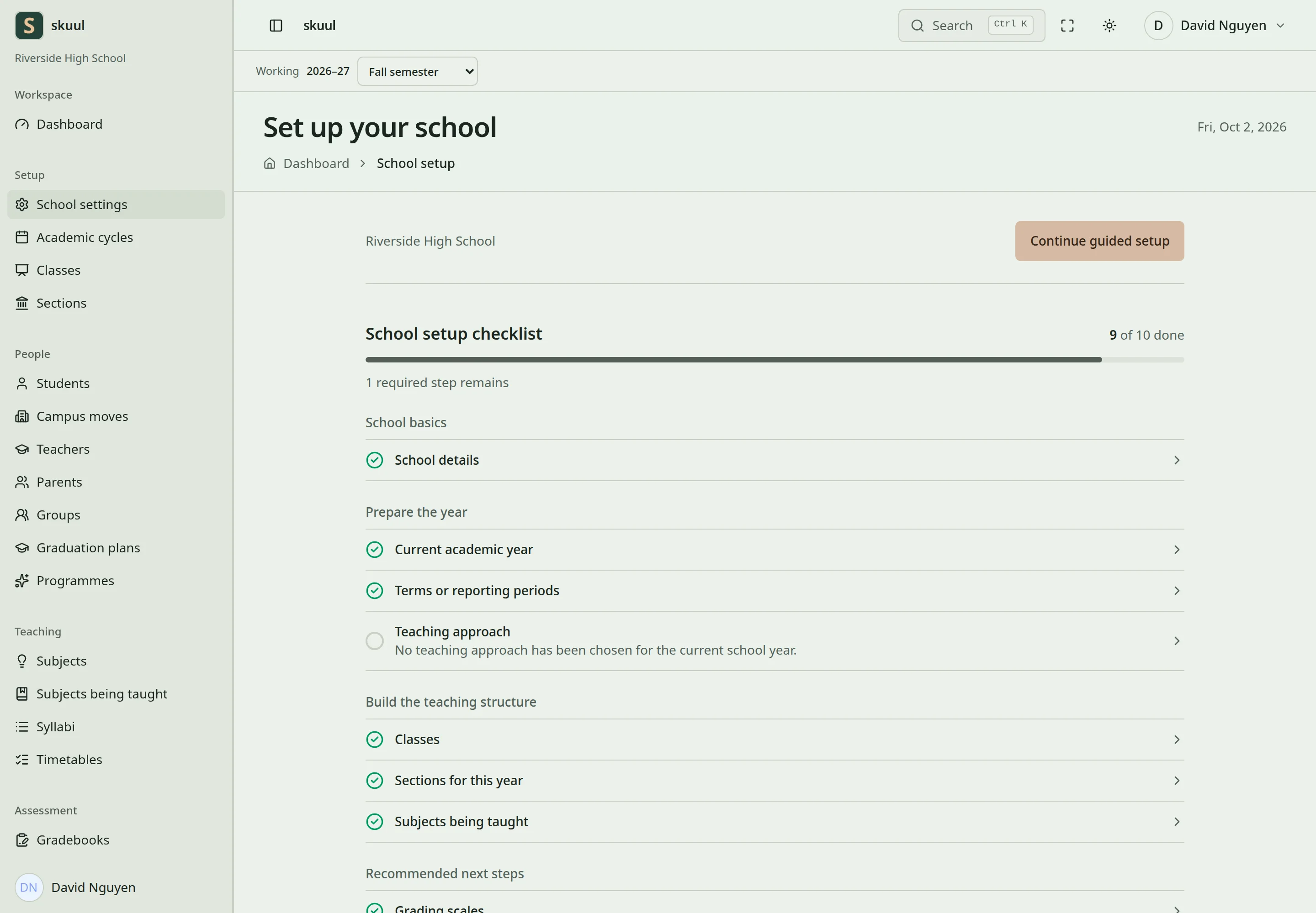 The school setup checklist groups its steps and marks each one done or open.