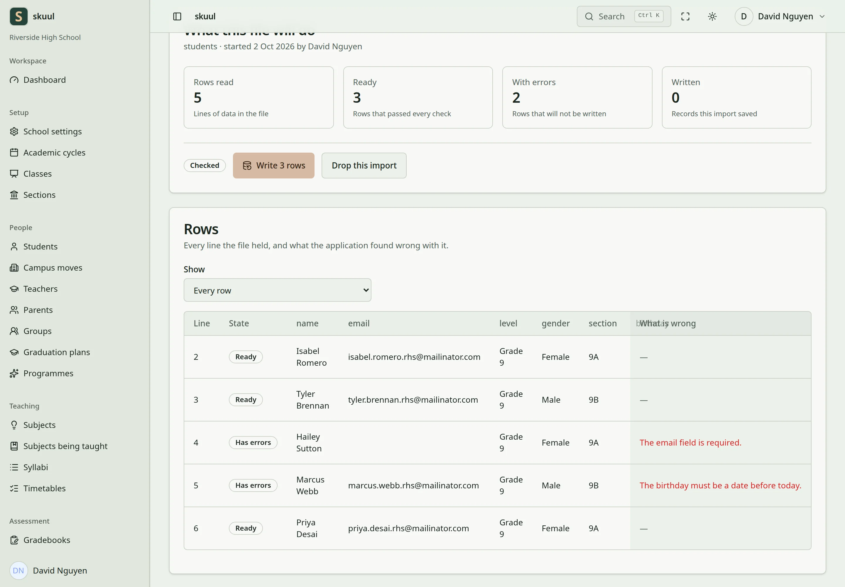 A checked import shows five rows read, three ready, two with errors, and the message for each error.