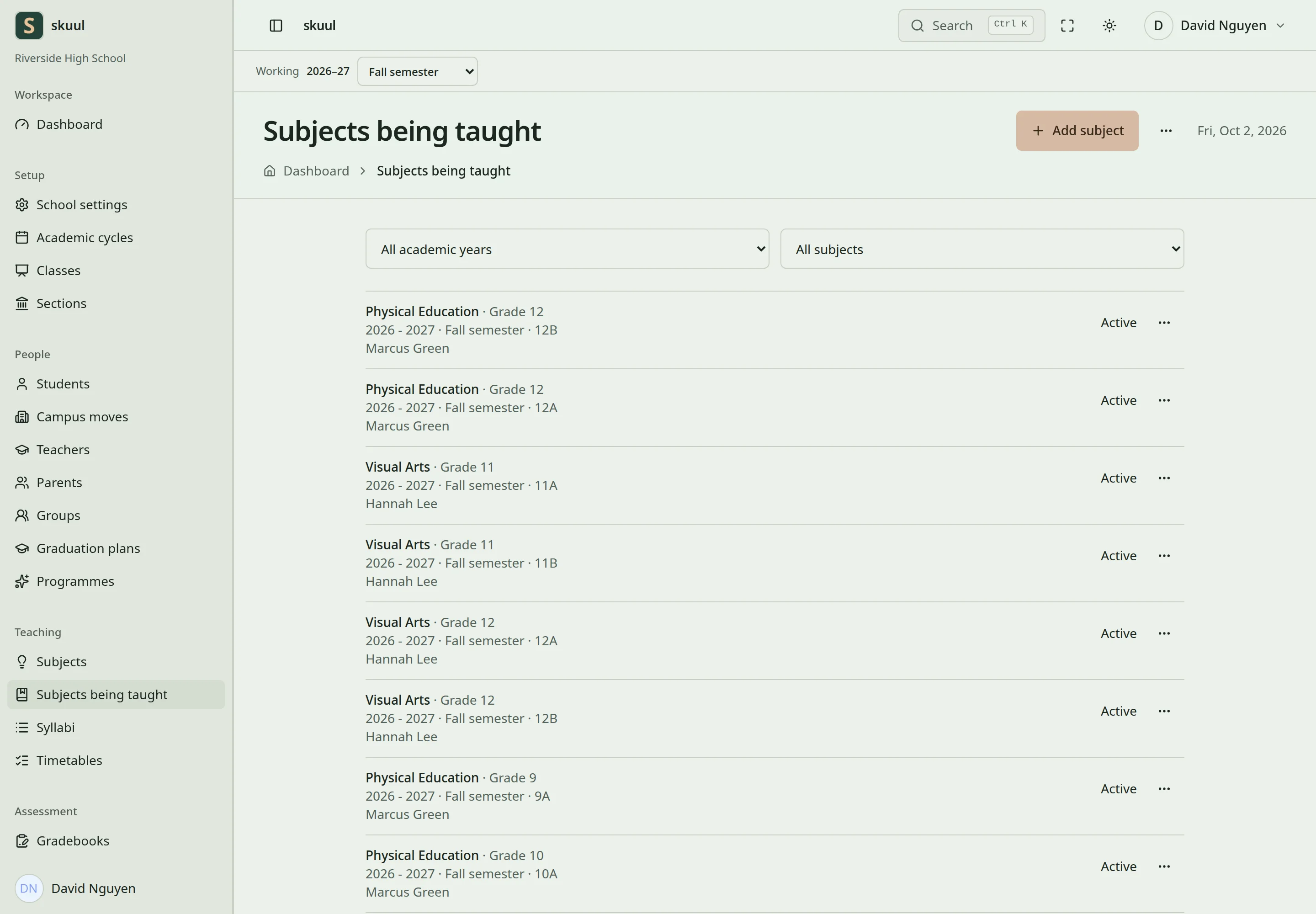 Subjects being taught list each subject with its grade, year, term, section, teacher, and status.