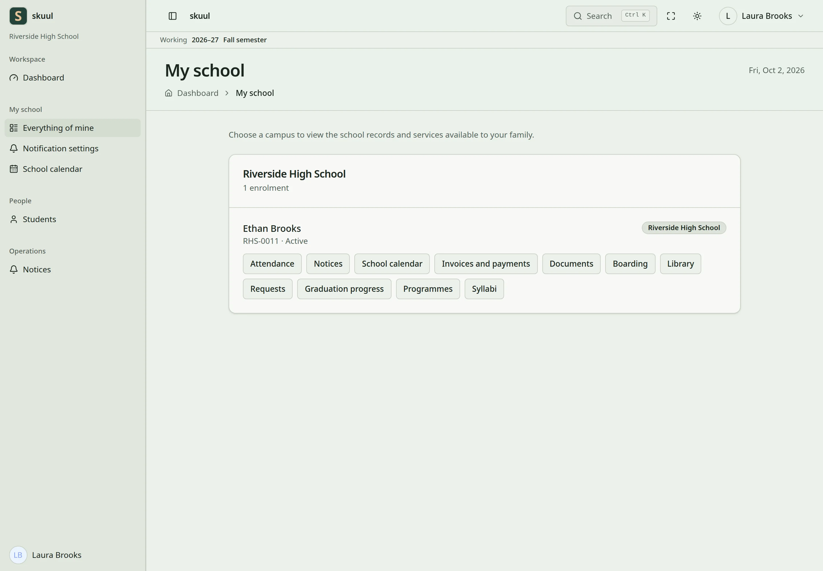 The family overview shows one linked learner at Riverside High School and the areas the family can open.