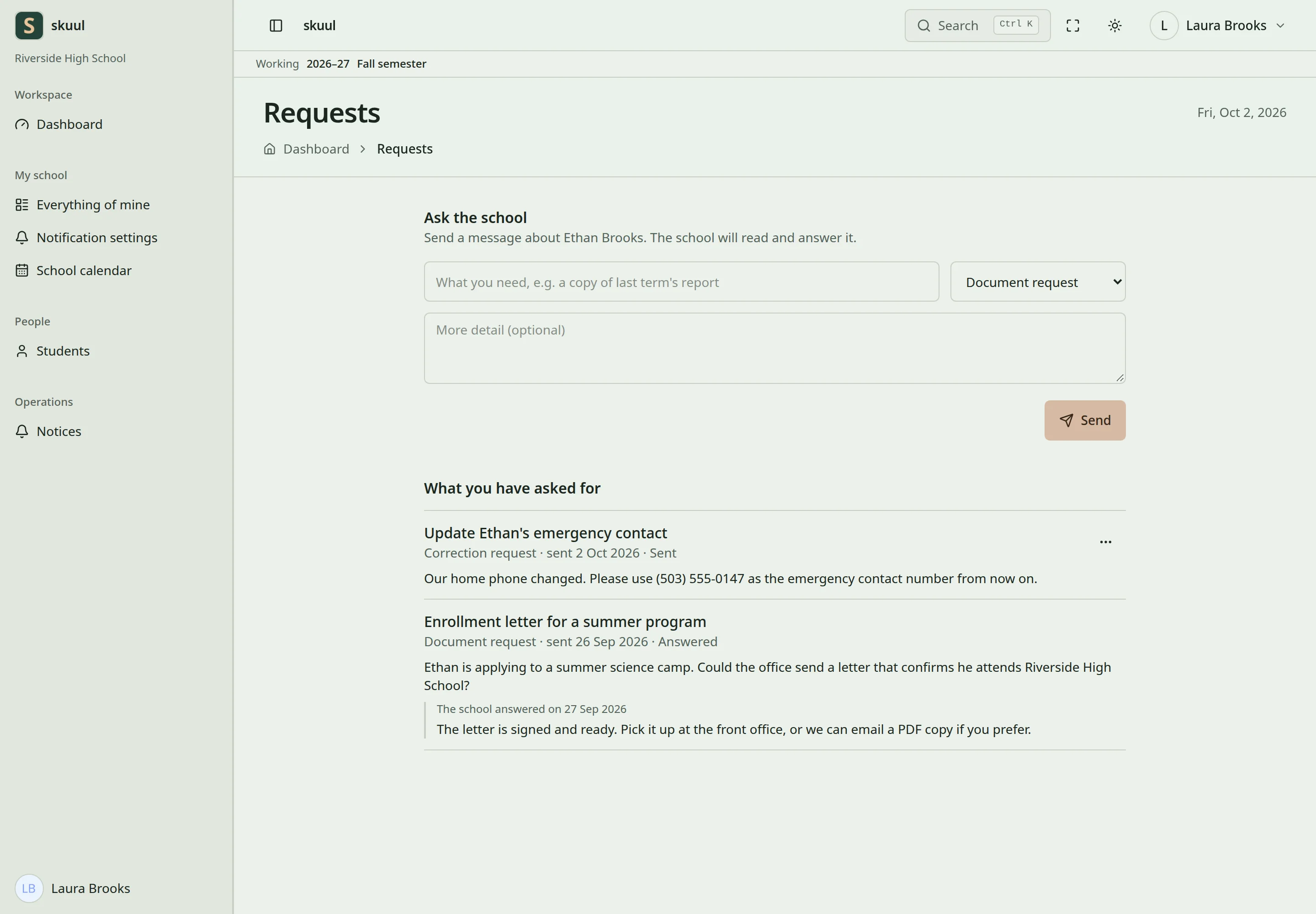 A parent's request form sits above earlier requests, one of them answered by the school.