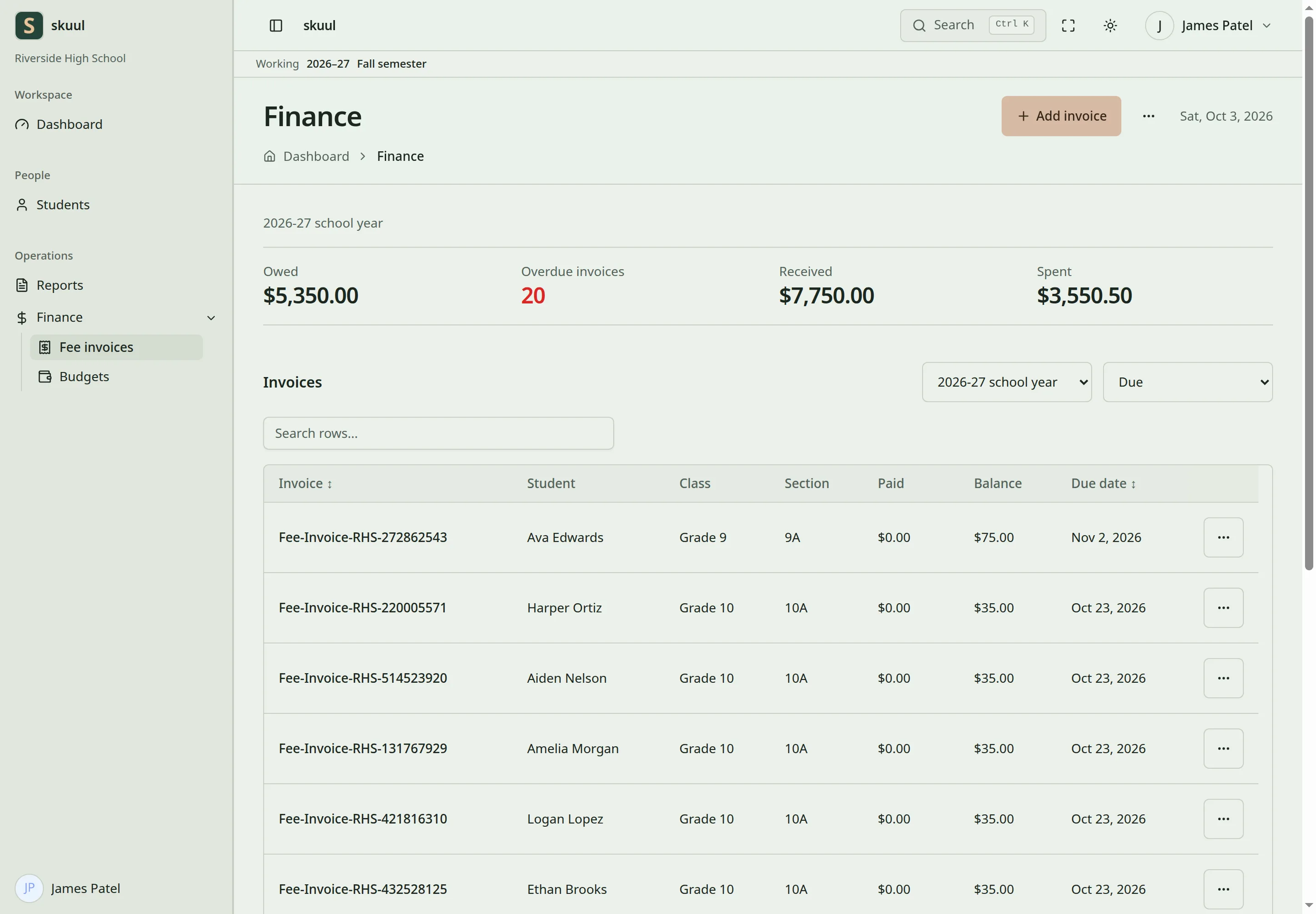 The Finance page shows what is owed, received, and spent this school year, and the invoice list with its period and status filters.