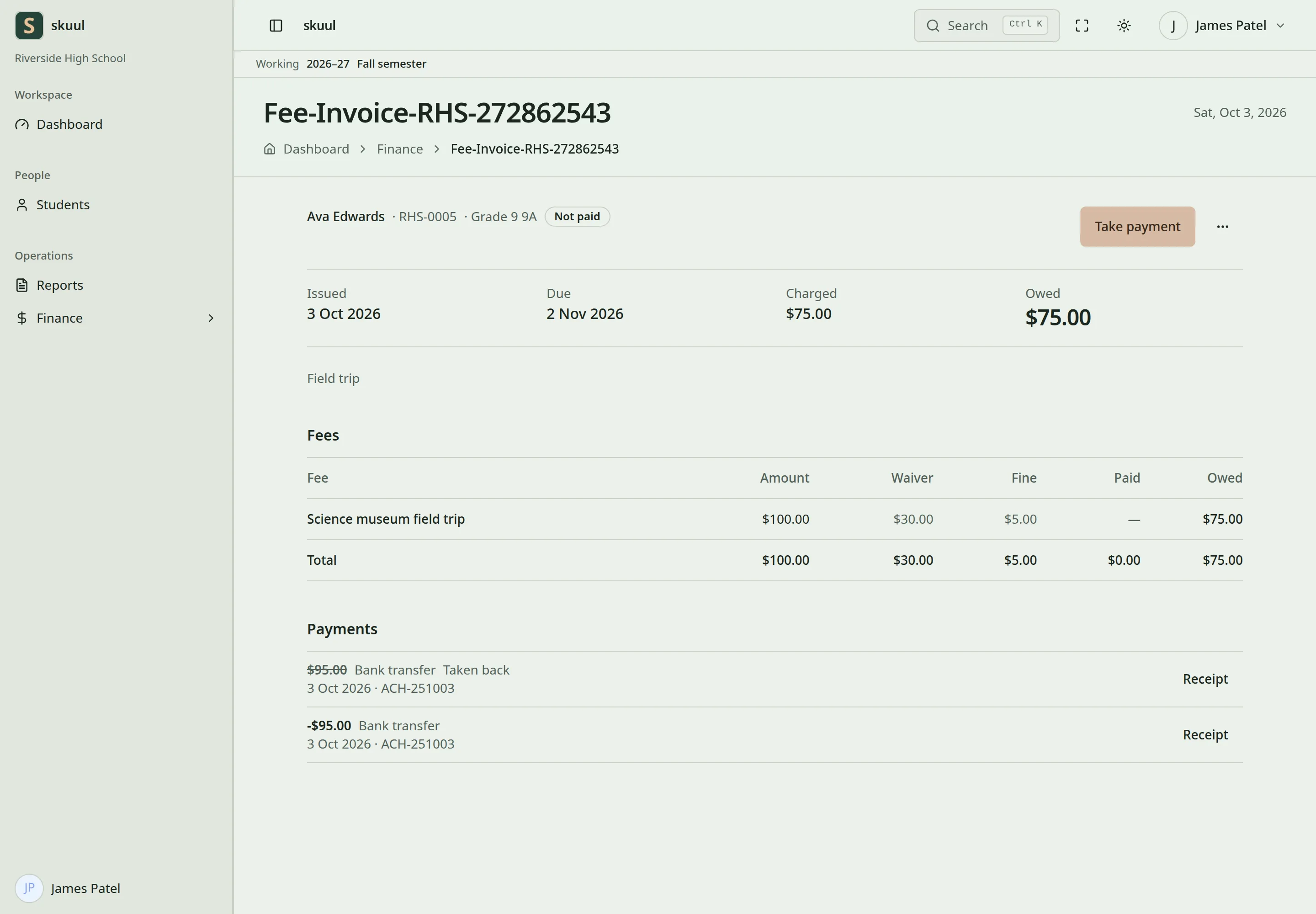 The invoice shows the learner, its status, the issue and due dates, the amount charged and owed, the fees, and the payments.