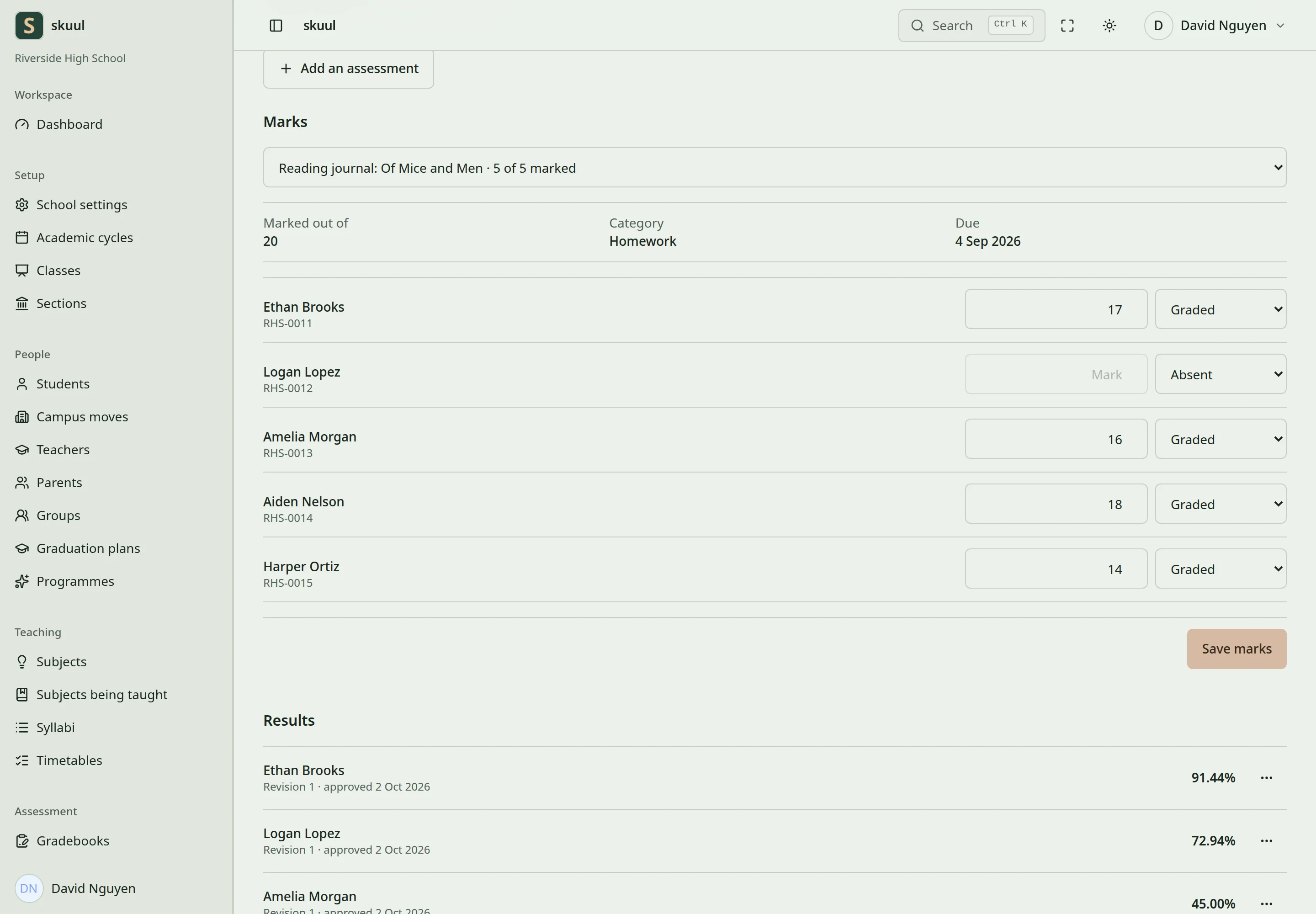 The marksheet for one assessment shows marks for each learner and an Absent entry state.