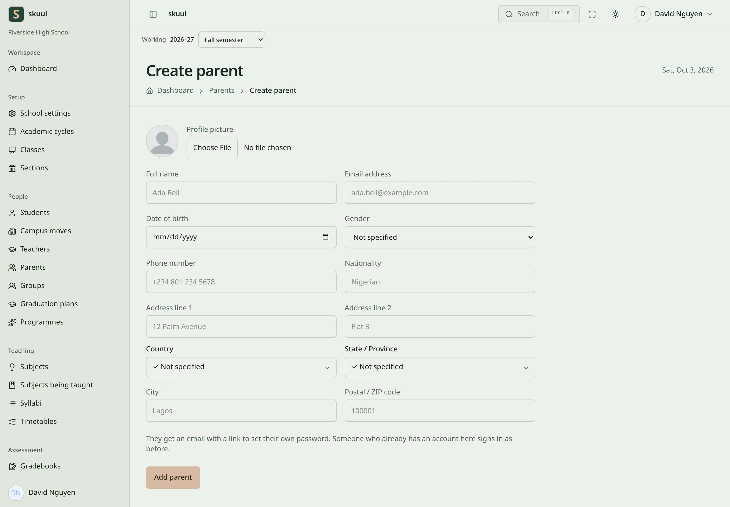 The Create parent form shows the person's name, email, contact and address fields, and the Add parent button.