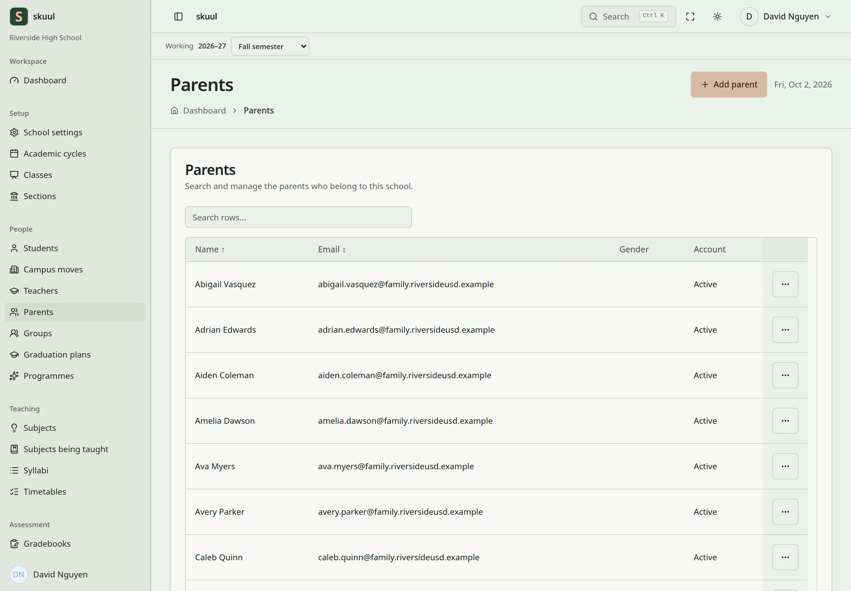 The parent list shows fictional guardians with their email and account state.