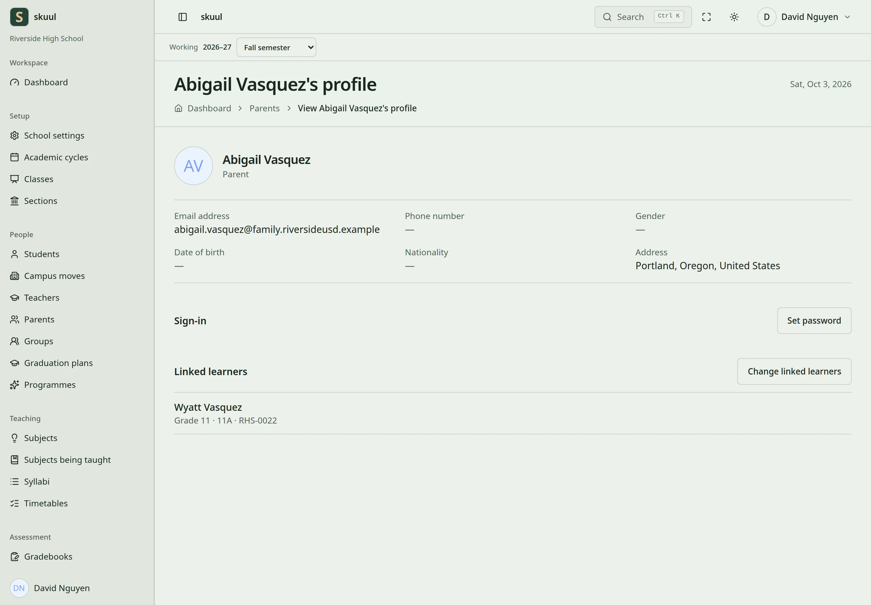 A parent's profile shows contact details, Sign-in, and a Linked learners section with the Change linked learners button.