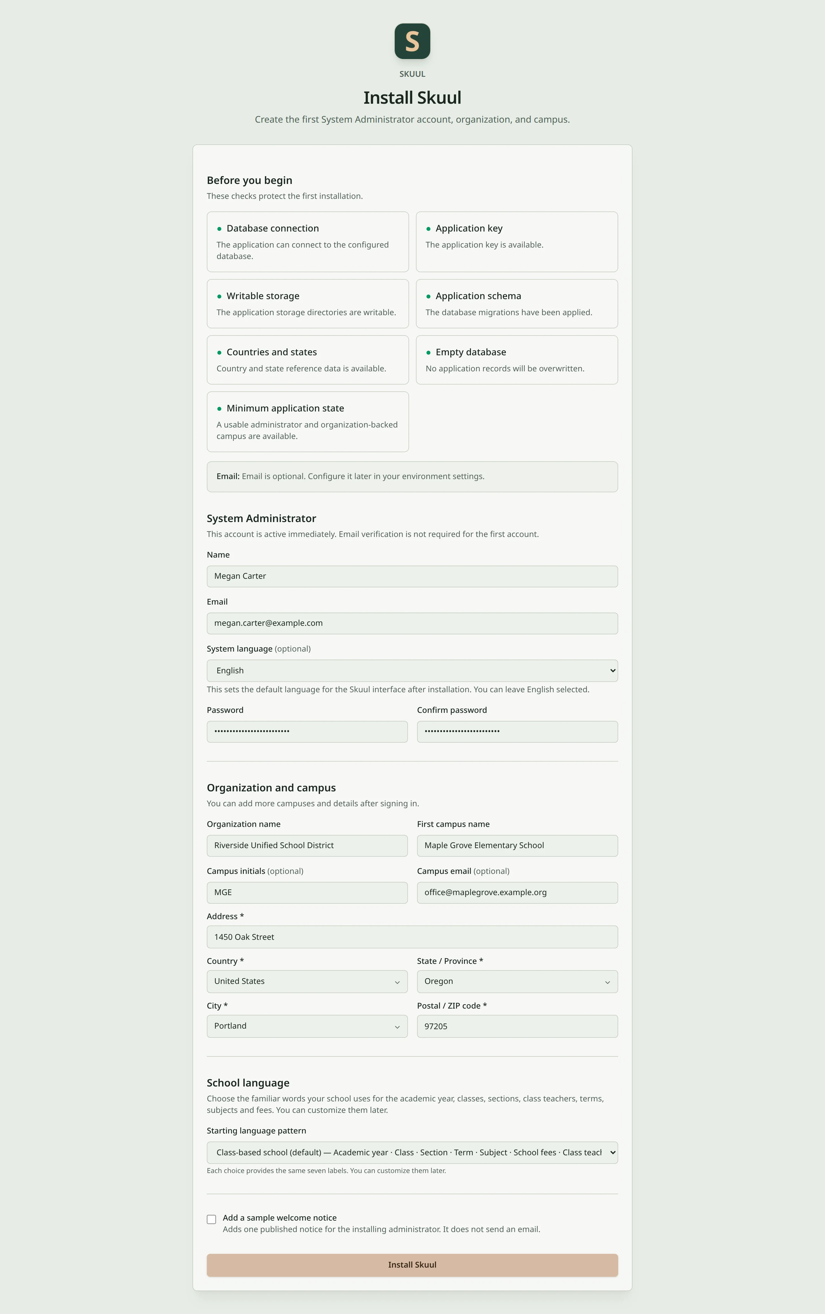 The completed installer form for a fictional school district and its first elementary campus.