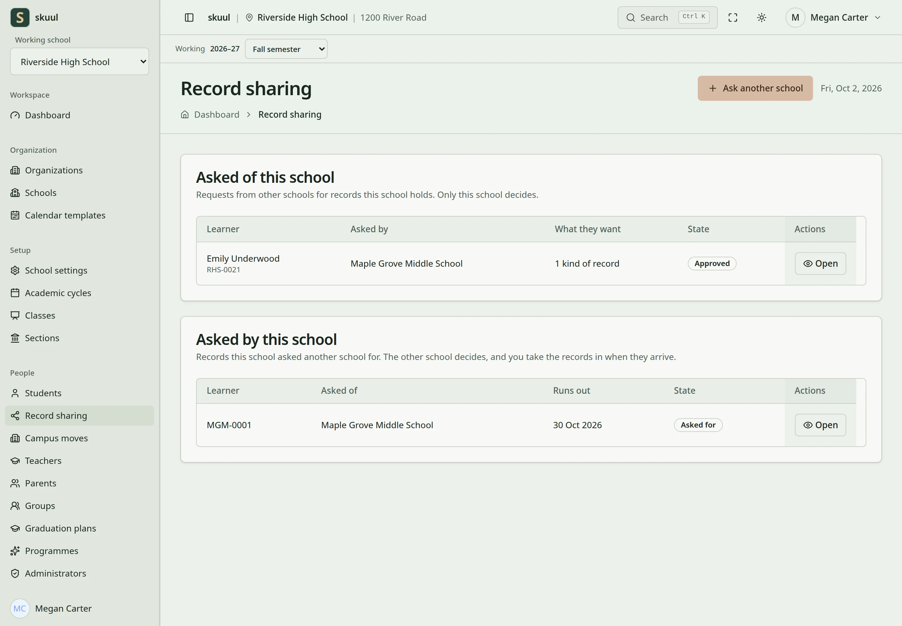 Record sharing lists the requests asked of this school and by this school, each with its state.