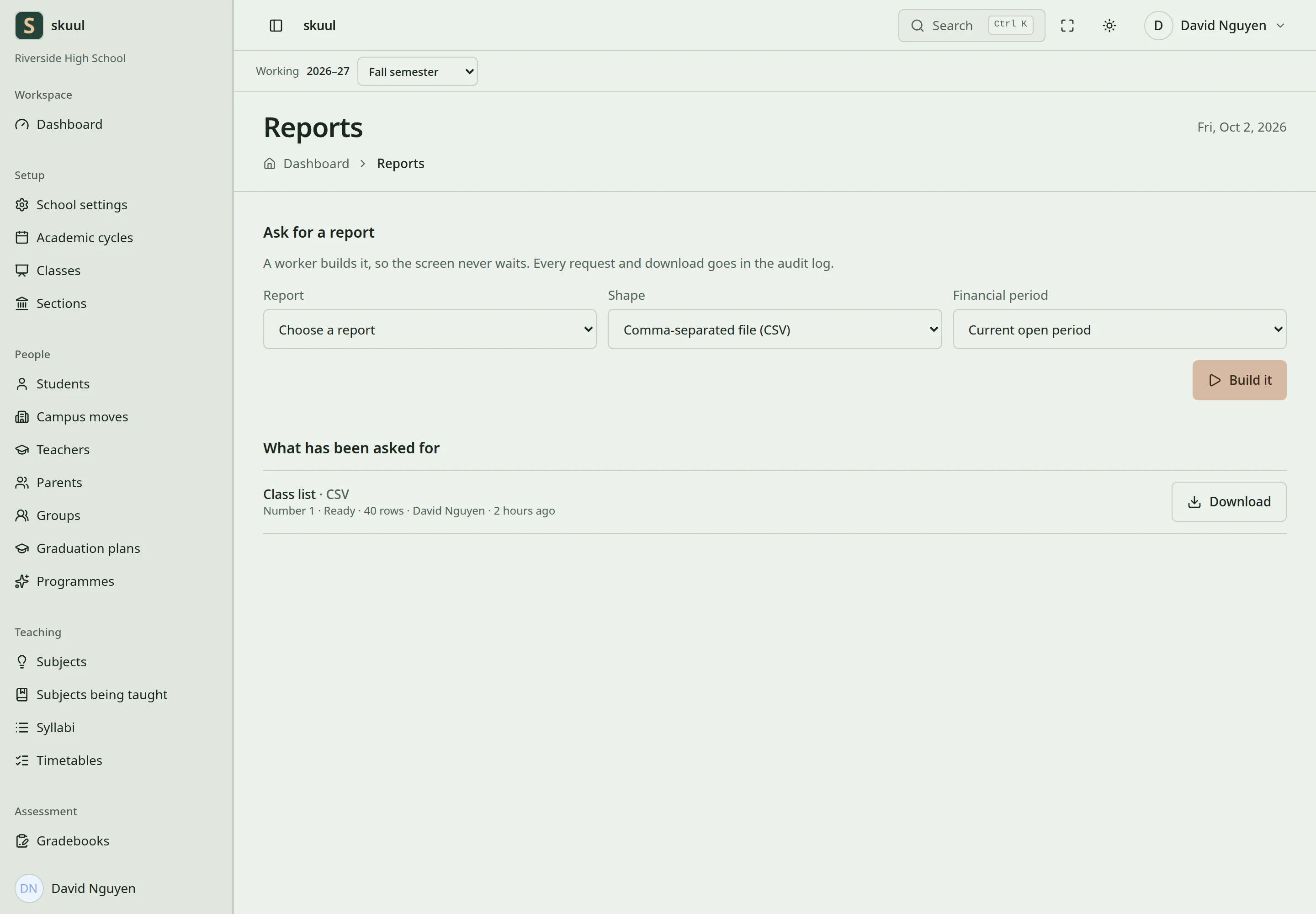 The report desk shows one Ready class list and its download action.