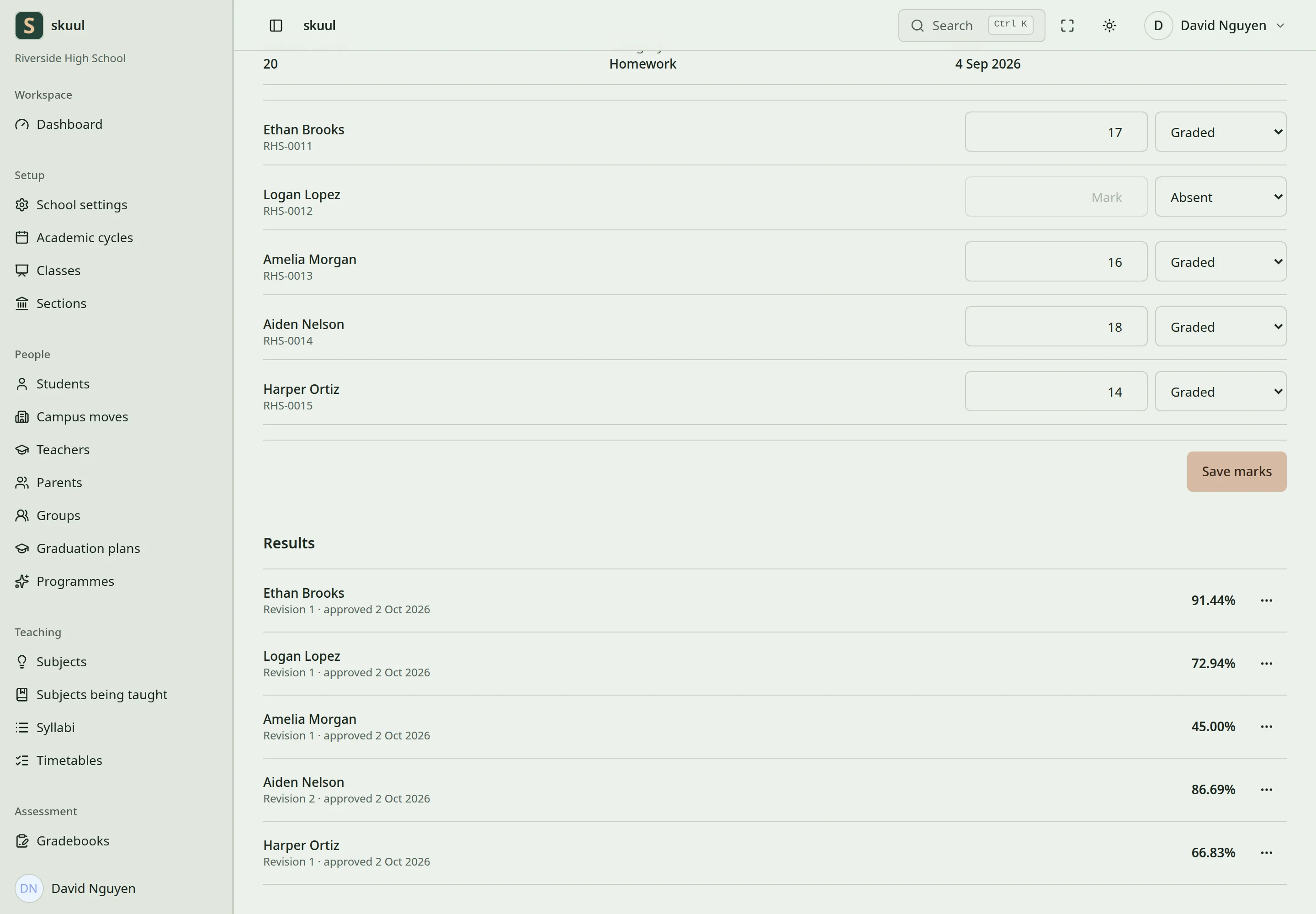 Approved results list each learner's percentage, revision, and approval date.