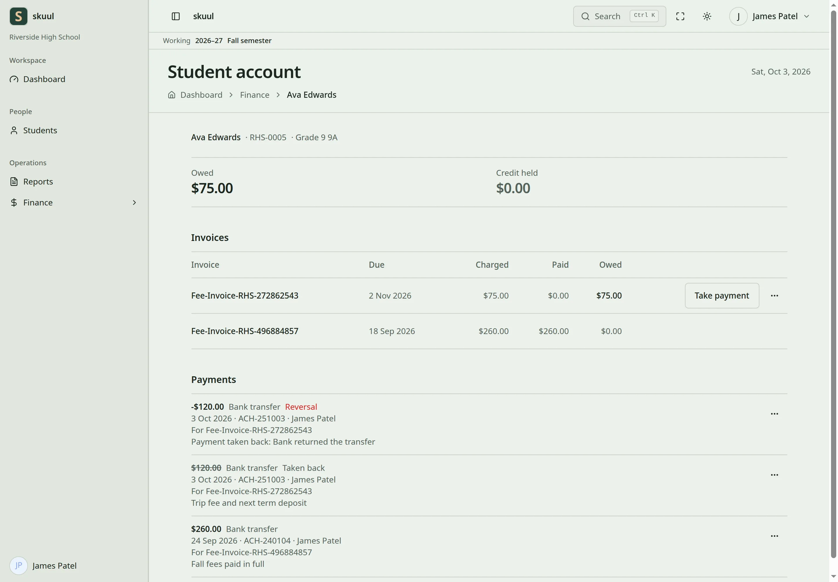The Student account shows what the learner owes and the credit held, their invoices, and their payments, with a reversal and a payment taken back.