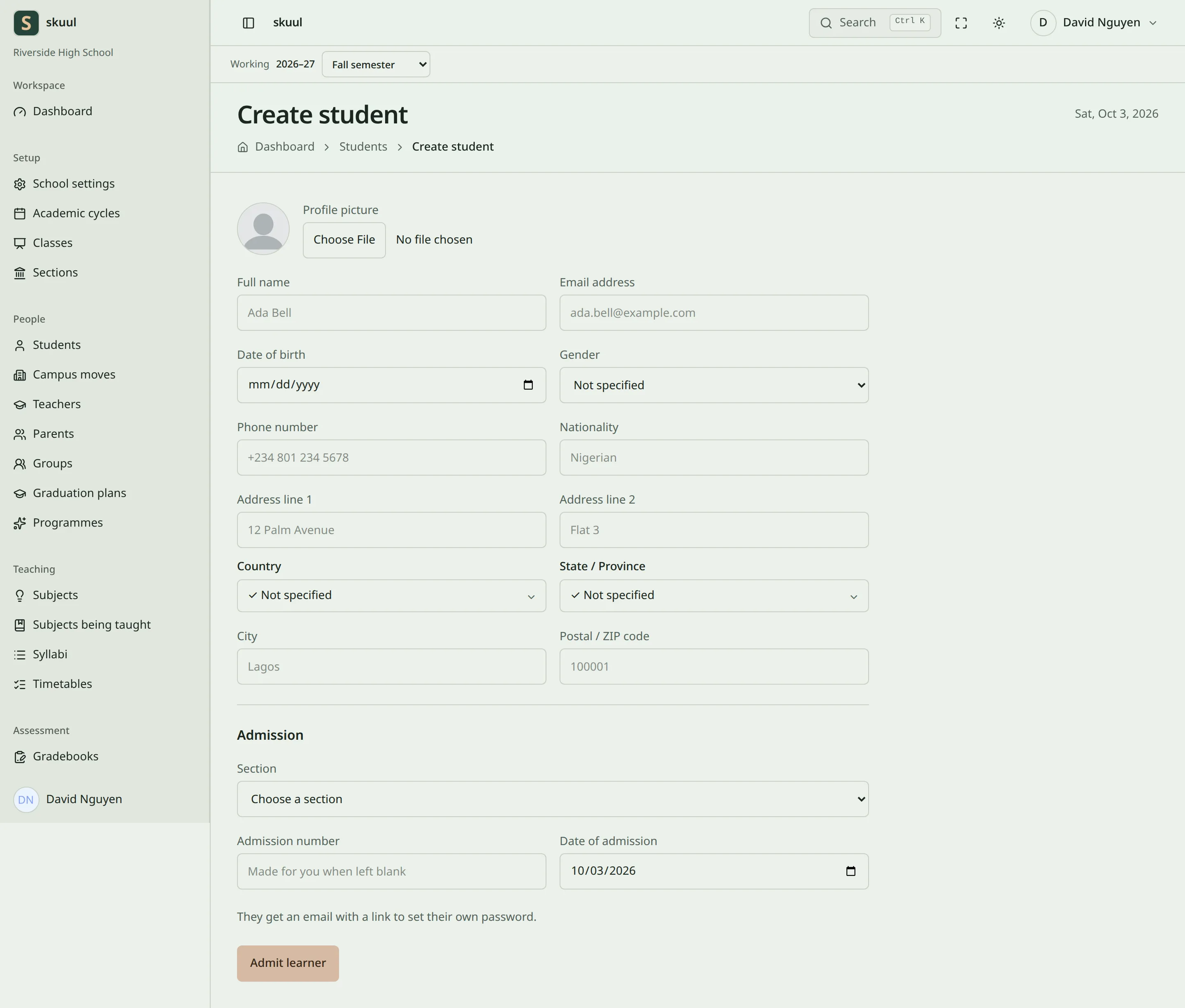 The Create student form shows the person's details, then an Admission group with Section, Admission number and Date of admission, and the Admit learner button.