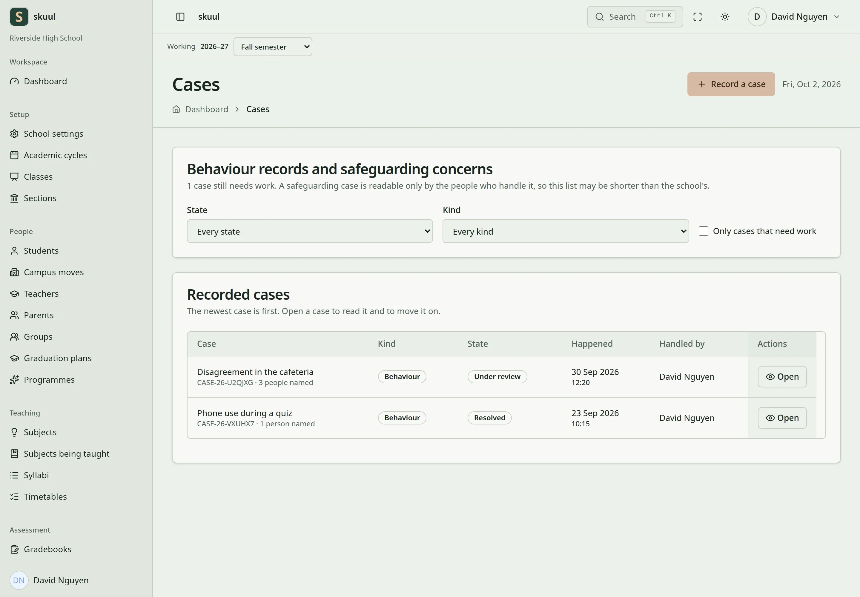 The case list shows two fictional behaviour cases with their kind, state, date, and handler.