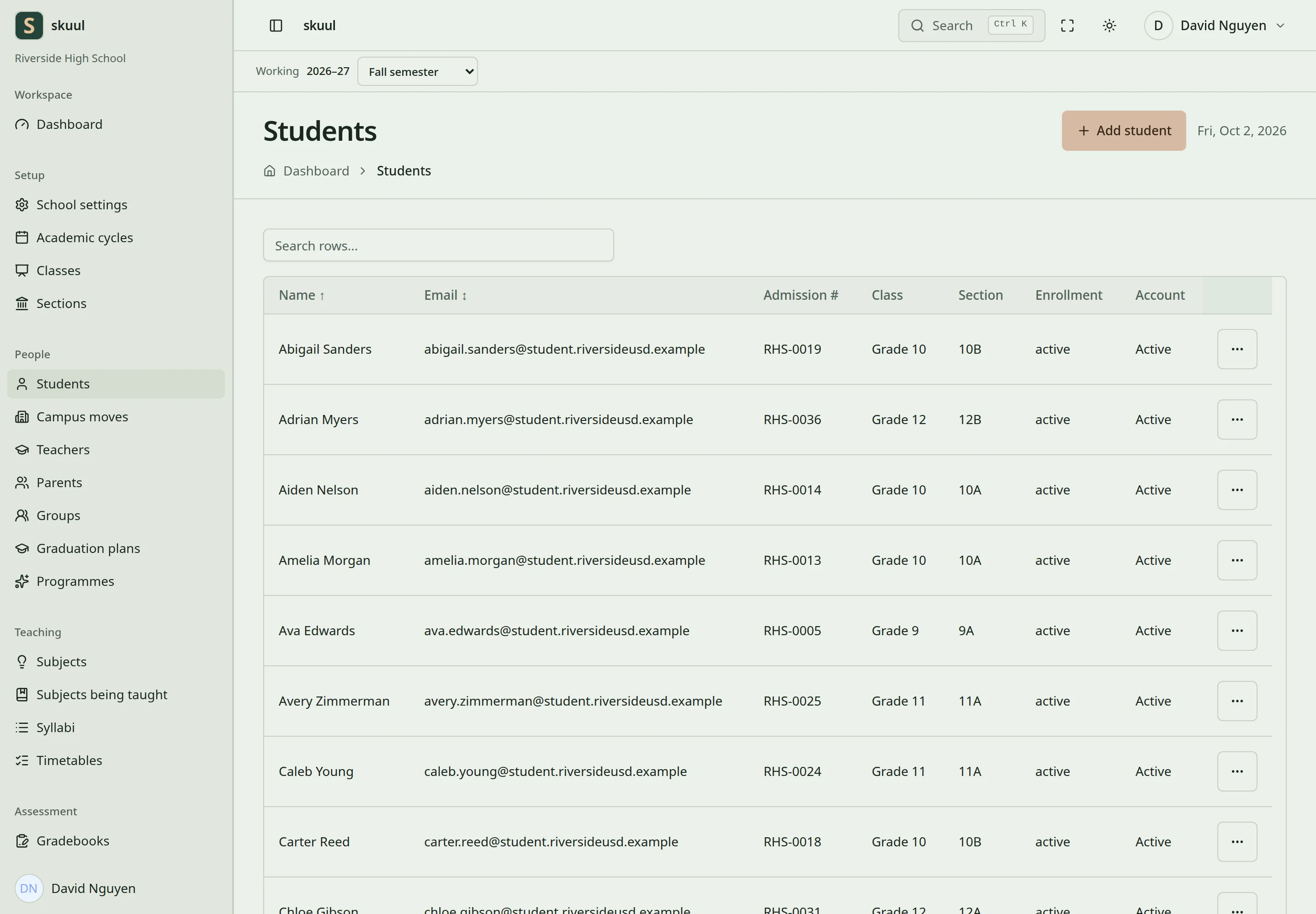 The student list shows fictional learners with email, admission number, class, section, and enrollment state.