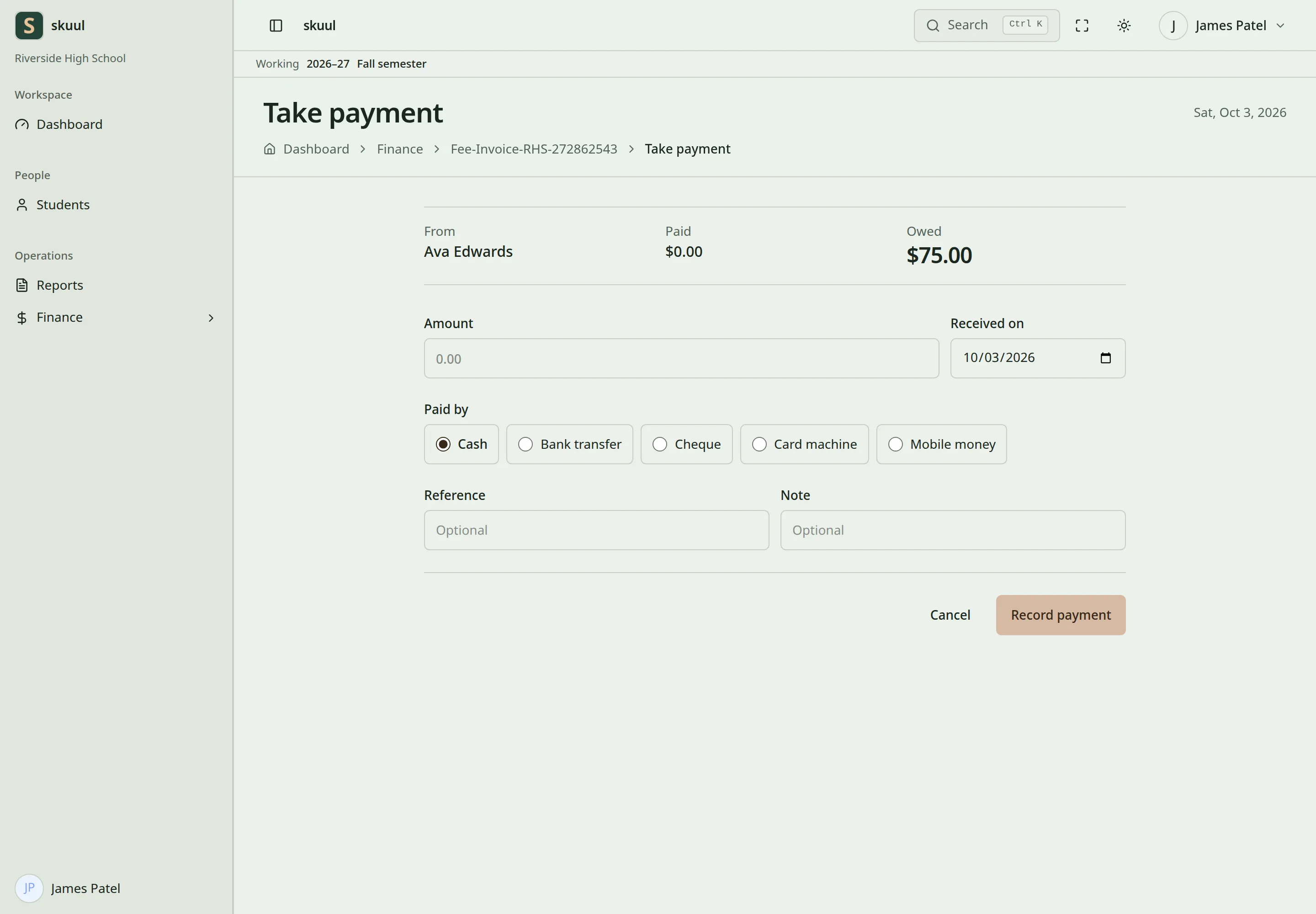 The Take payment form shows who pays, what is paid and owed, then Amount, Received on, Paid by, Reference, Note, and Record payment.