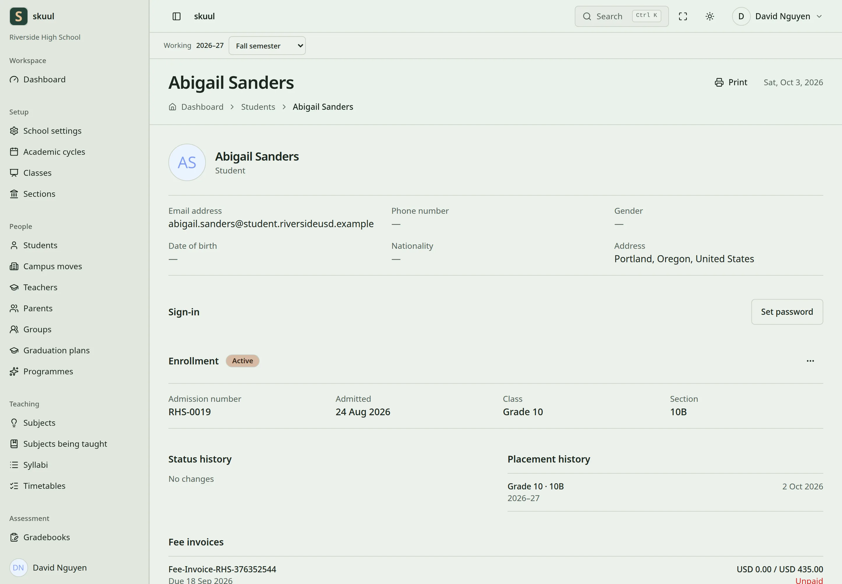 A learner's profile shows the Enrollment section with its status, admission number, admission date, class and section, then status and placement history.