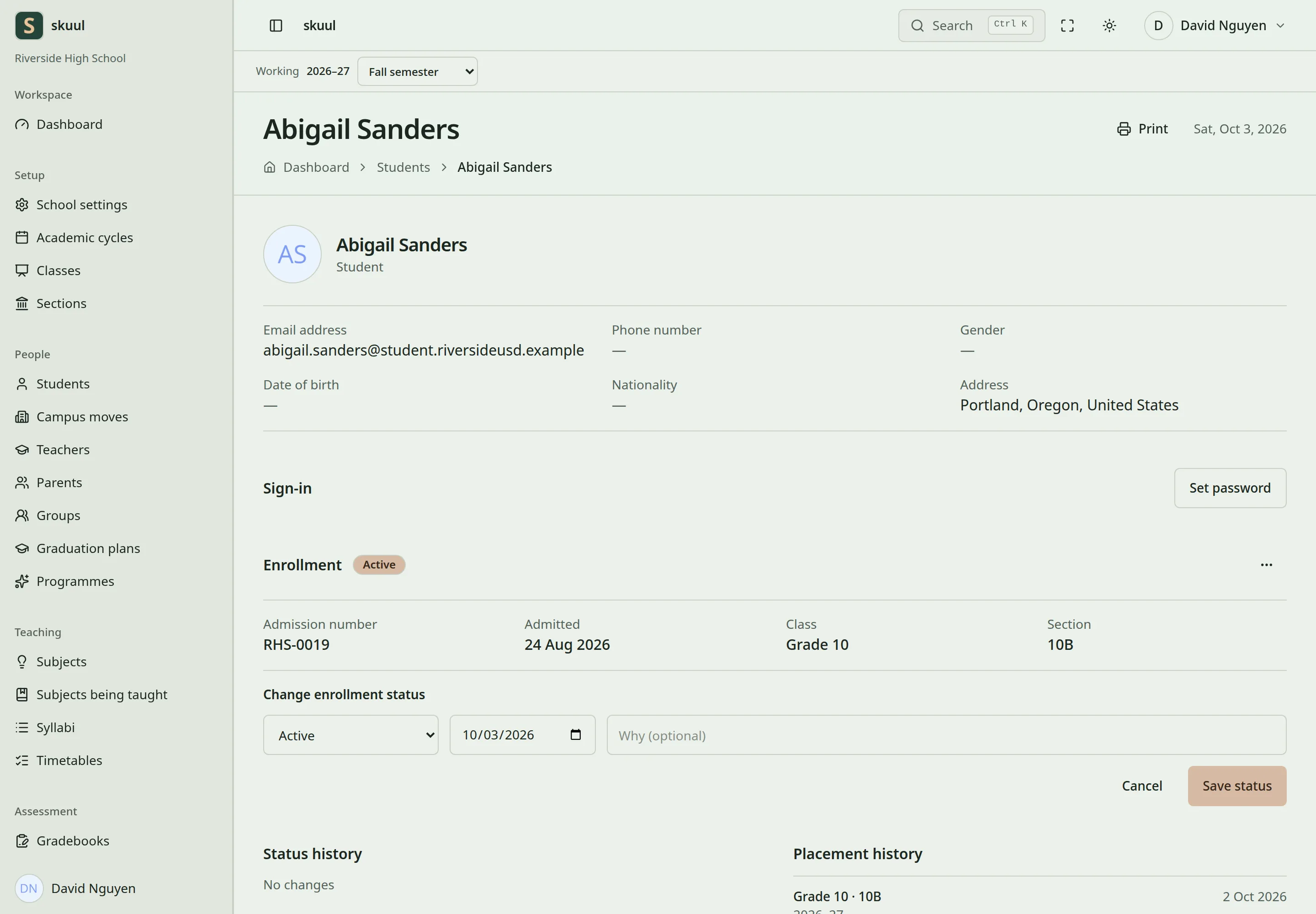 The Change enrollment status form shows the status list, the effective date, the optional reason, and Save status.