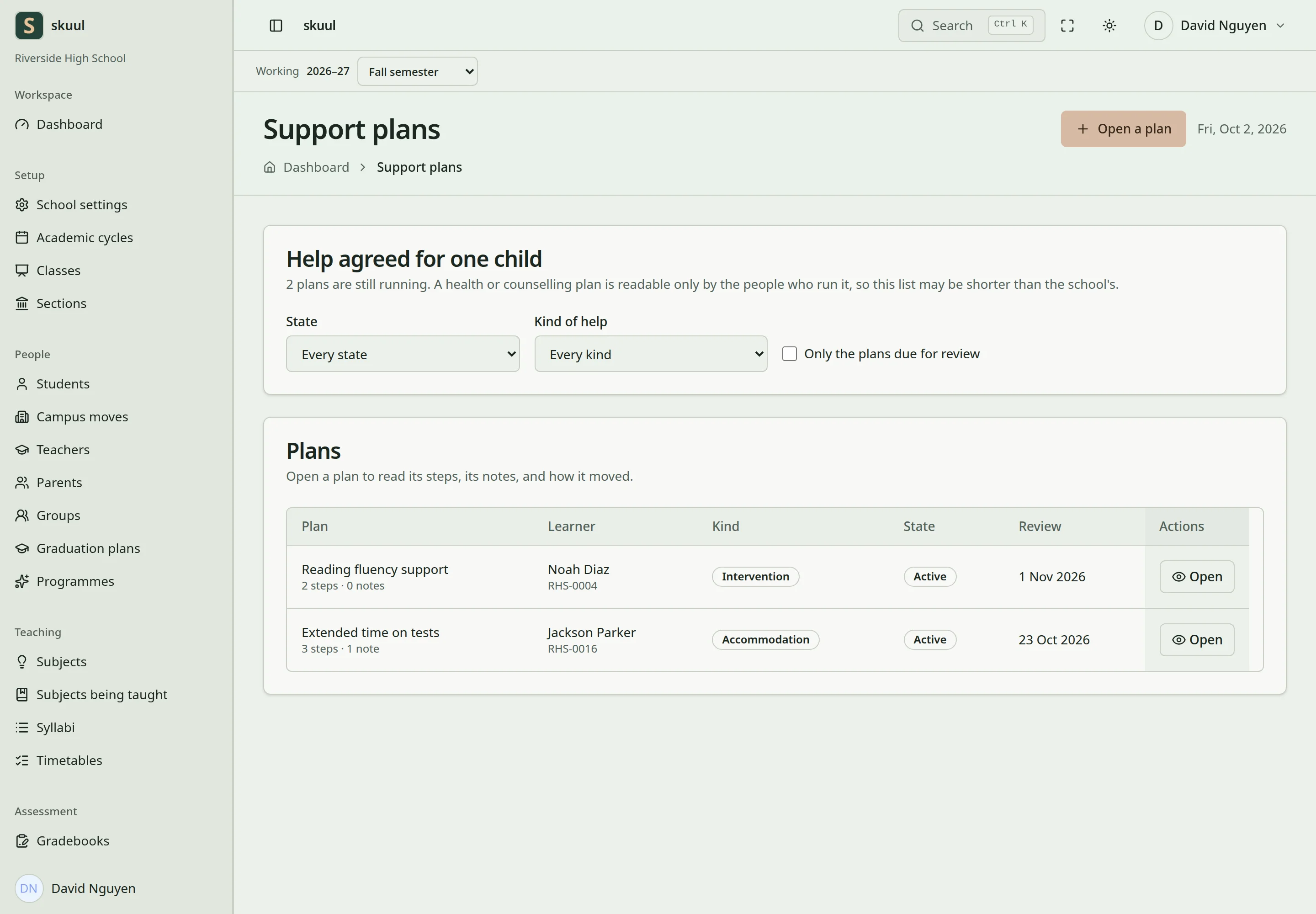 The support plan list shows two fictional plans with their learner, kind, state, and review date.