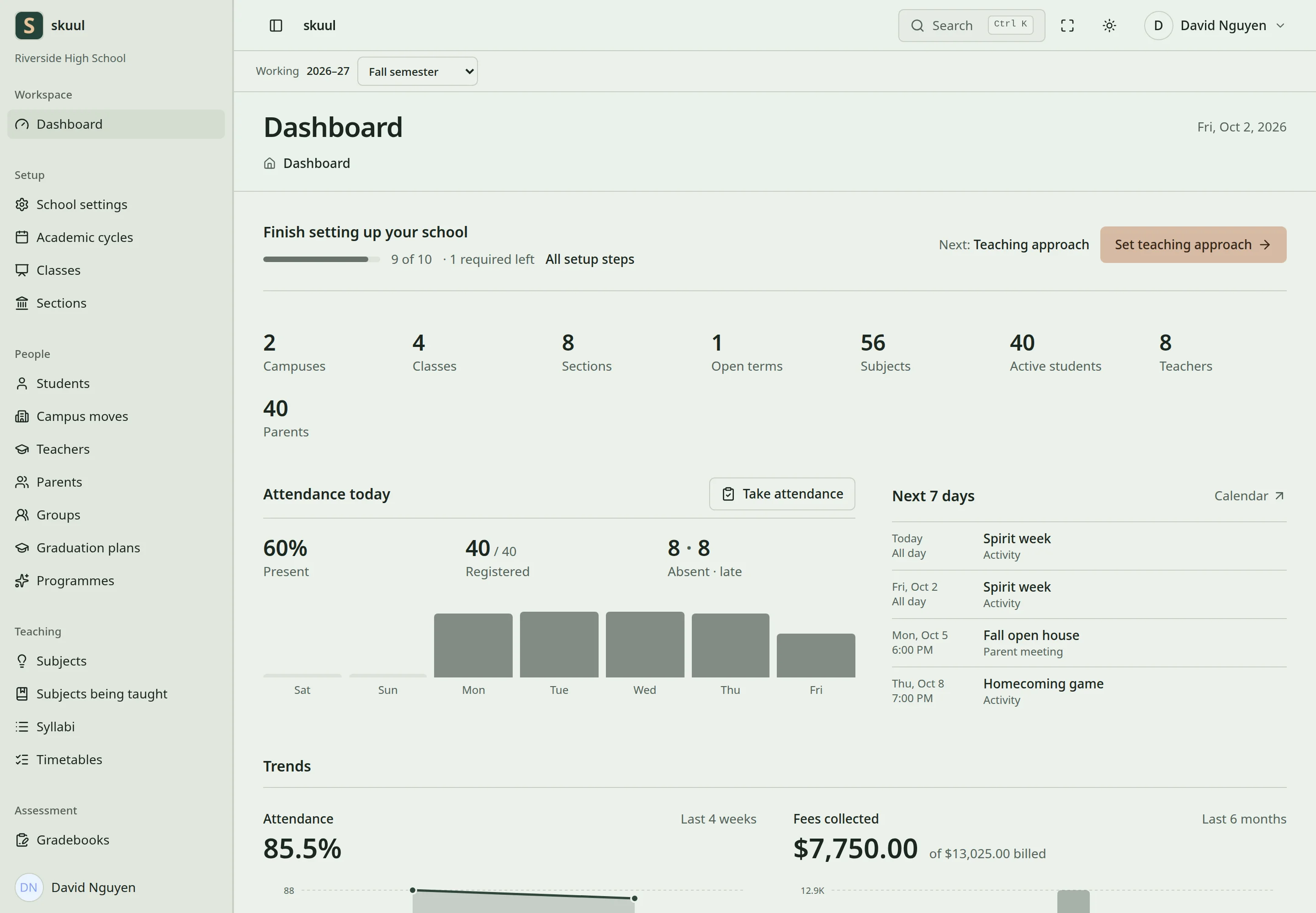 The dashboard for Riverside High School shows the working year and semester, setup progress, attendance today, the next seven days, and trends.